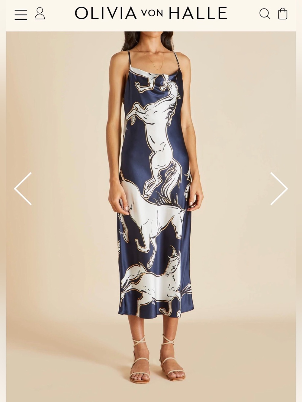 Olivia von Halle Navy and White Horse-Print Satin Slip Dress